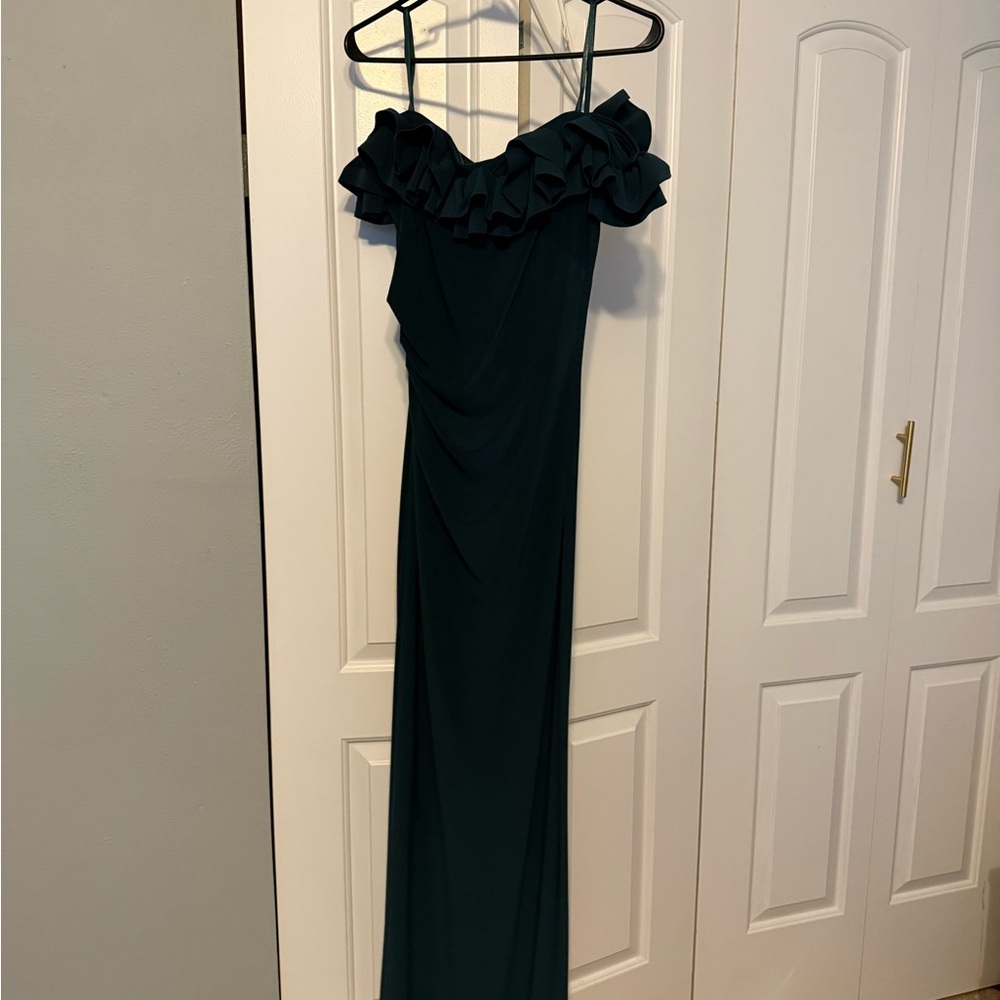Xscape One-Shoulder Ruffle Evening Gown in Dark Green